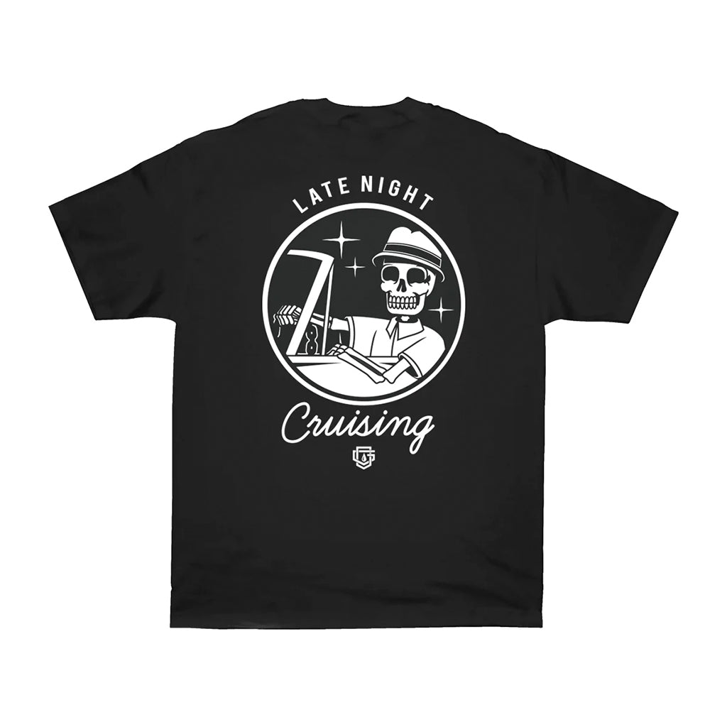 Black t-shirt with a white graphic and text on a white background