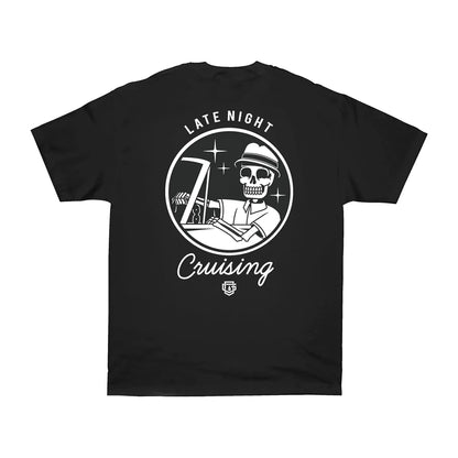 Black t-shirt with a white graphic and text on a white background