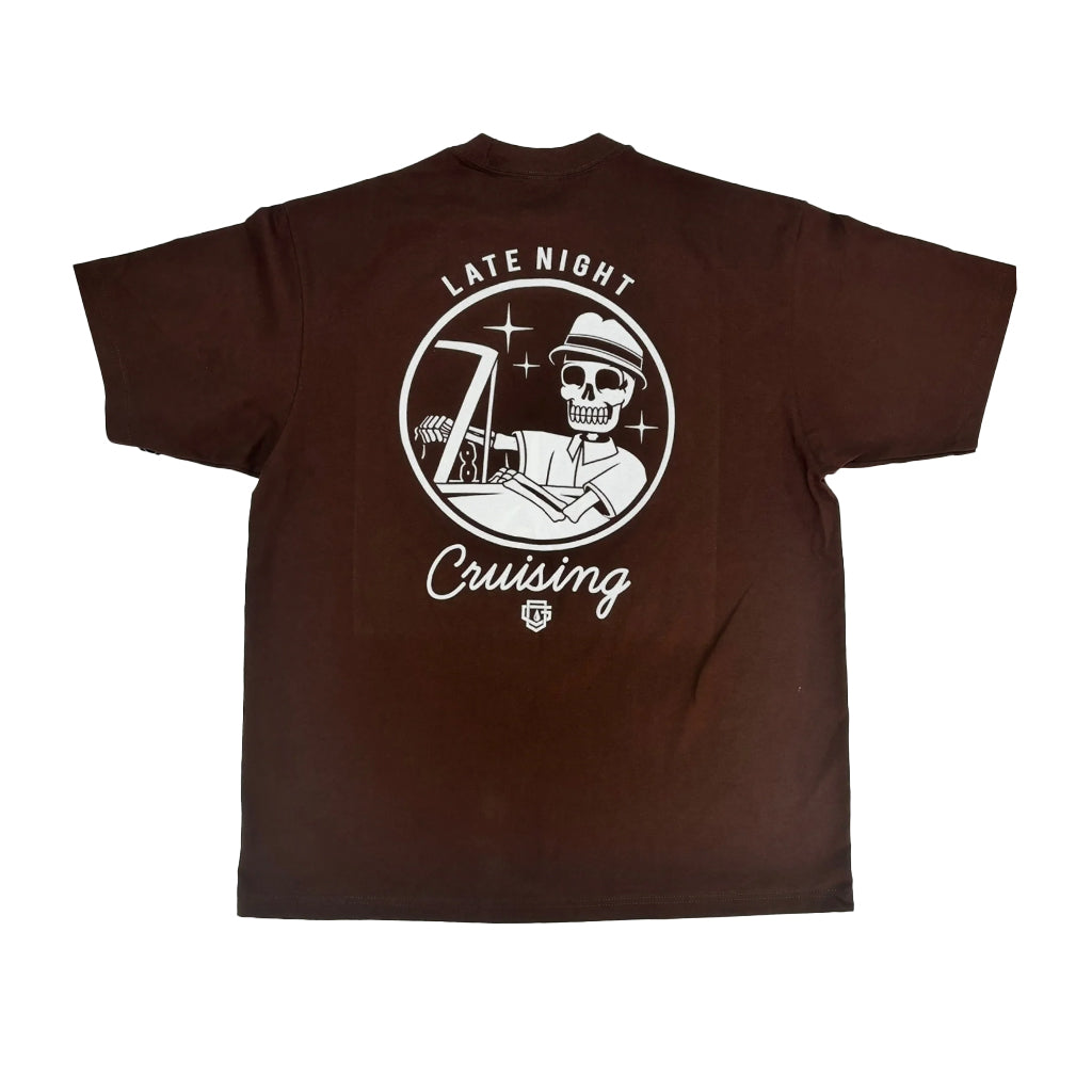 Brown t-shirt with a graphic design featuring a skeleton and text on a white background