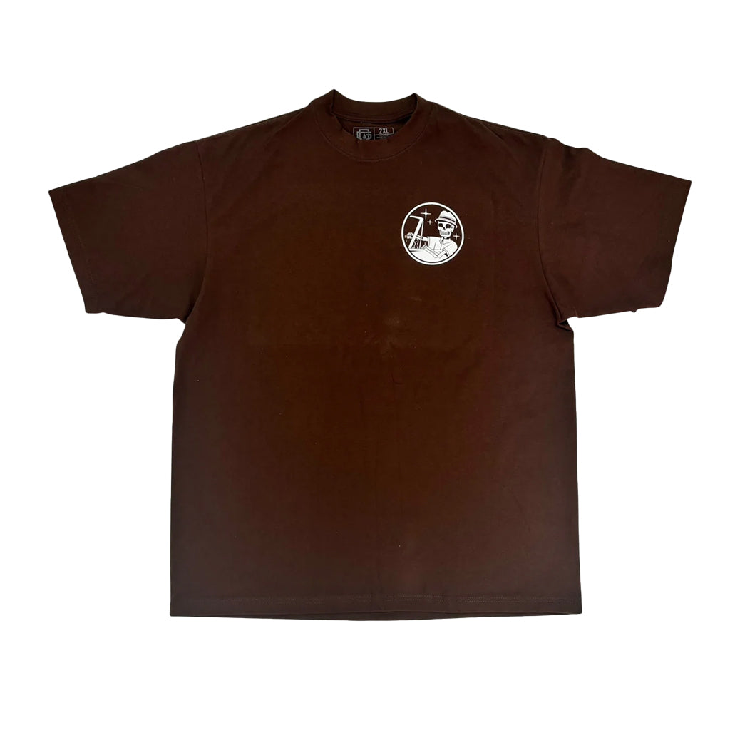 Brown t-shirt with a small white logo on a white background