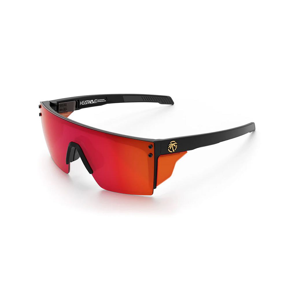 Sunglasses with black frame and red lenses on a white background