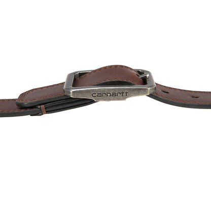 Brown leather belt with silver buckle on a white background