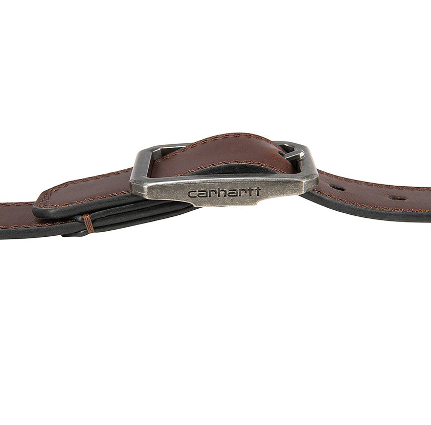 Brown leather belt with silver buckle on a white background