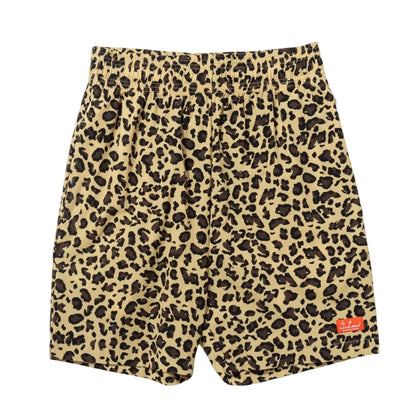 Leopard print shorts with a brand logo on a white background