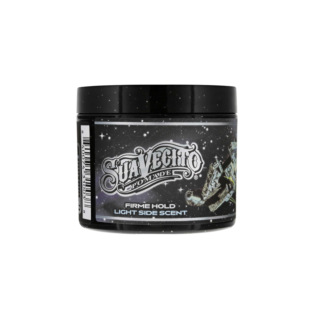 Suavecito pomade jar with black lid and label on a white background