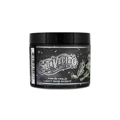 Suavecito pomade jar with black lid and label on a white background
