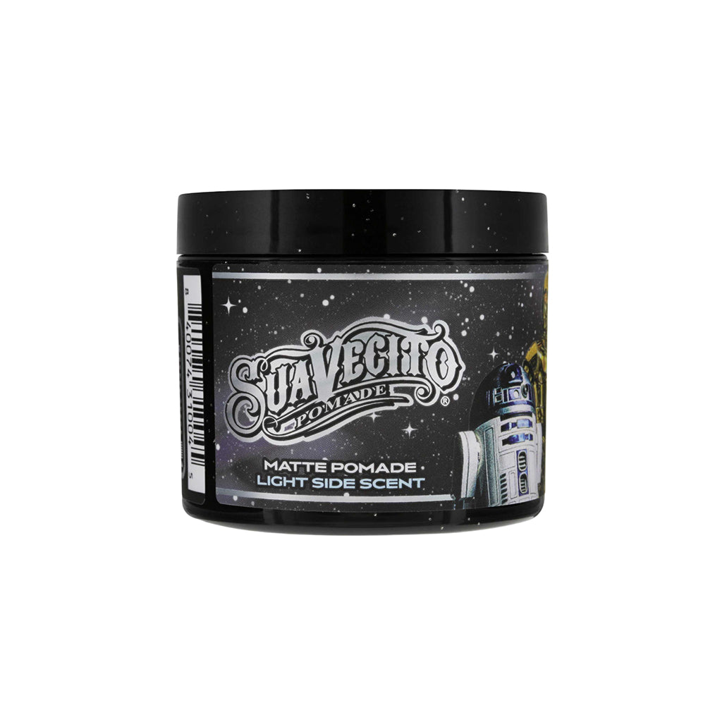 Jar of Suavecito Pomade with branding and product details on a white background