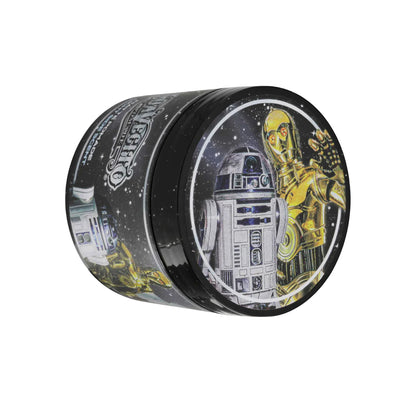Tin with illustrations of R2-D2 and C-3PO on a white background