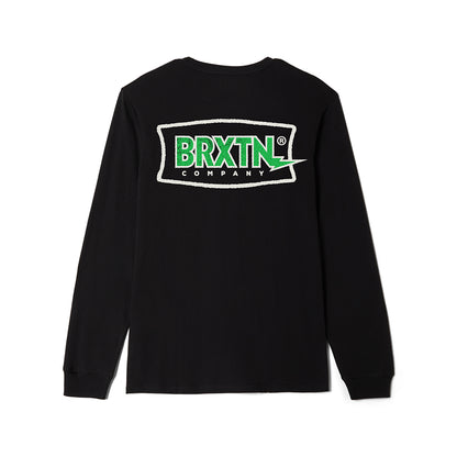 Black long sleeve with green text with the brixton logo on a white background