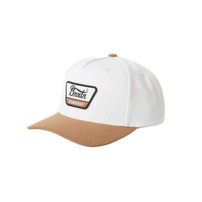 White and brown cap with a logo on a white background