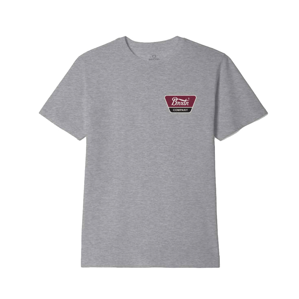 Gray t-shirt with a logo on the chest against a white background