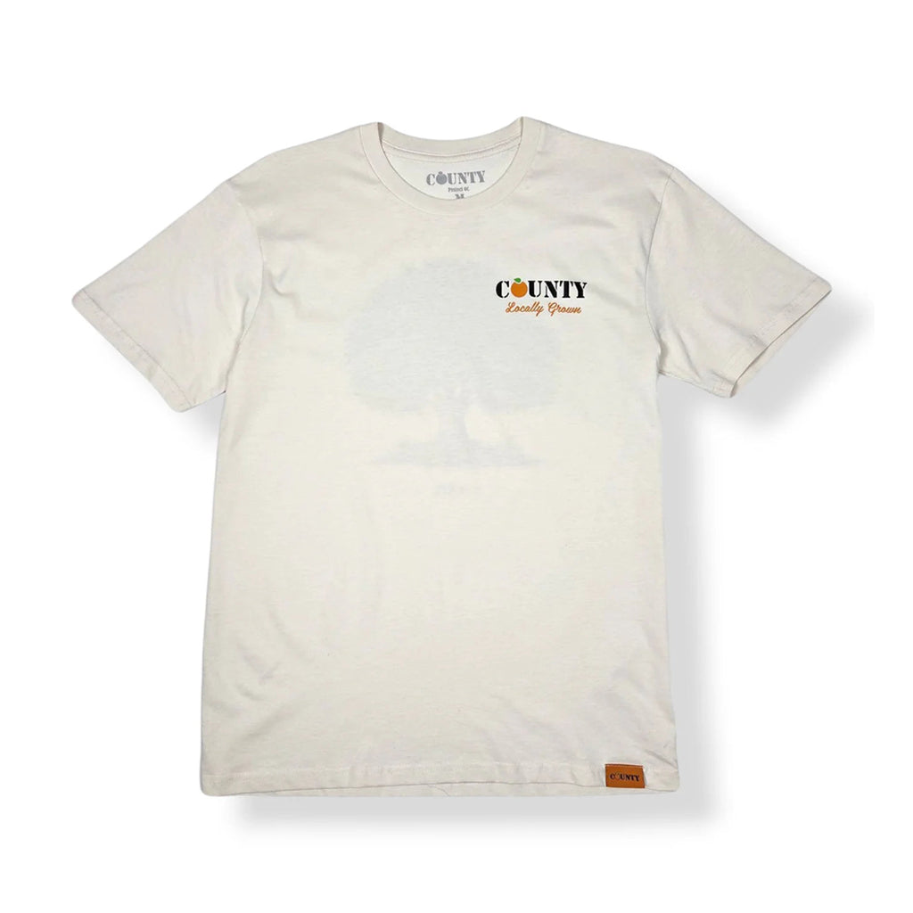 Beige t-shirt with a logo on a white background