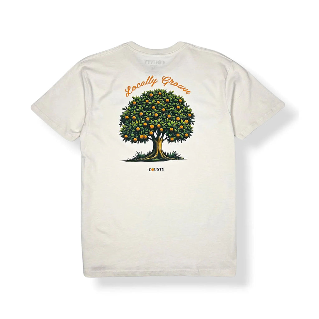 White t-shirt with an orange tree graphic and 'Locally Grown' text on a white background