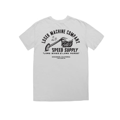 White t-shirt with black graphic and text on a white background