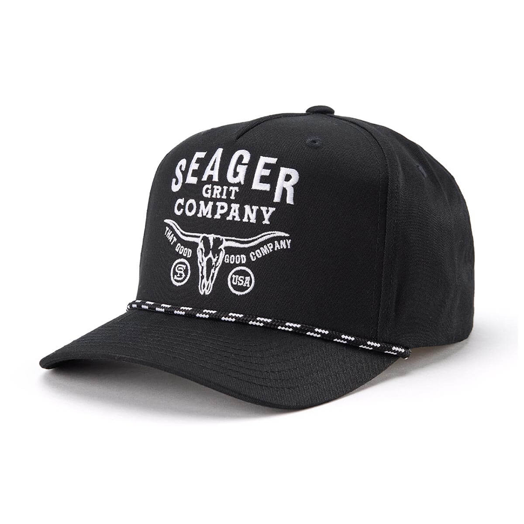 Black trucker cap with white logo on a white background