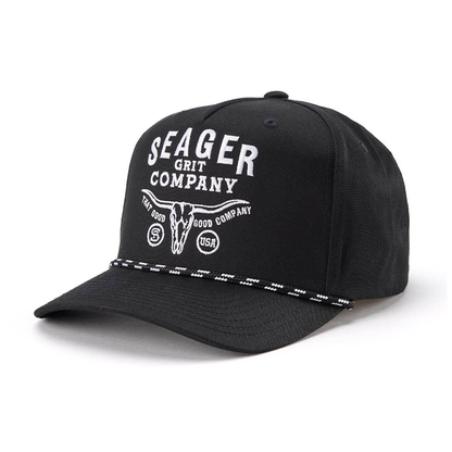 Black trucker cap with white logo on a white background