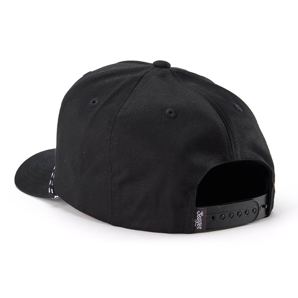 Black snapback cap shown from the back, featuring a curved brim, black fabric crown, and an adjustable black back strap with white text.