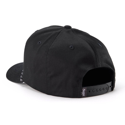 Black snapback cap shown from the back, featuring a curved brim, black fabric crown, and an adjustable black back strap with white text.