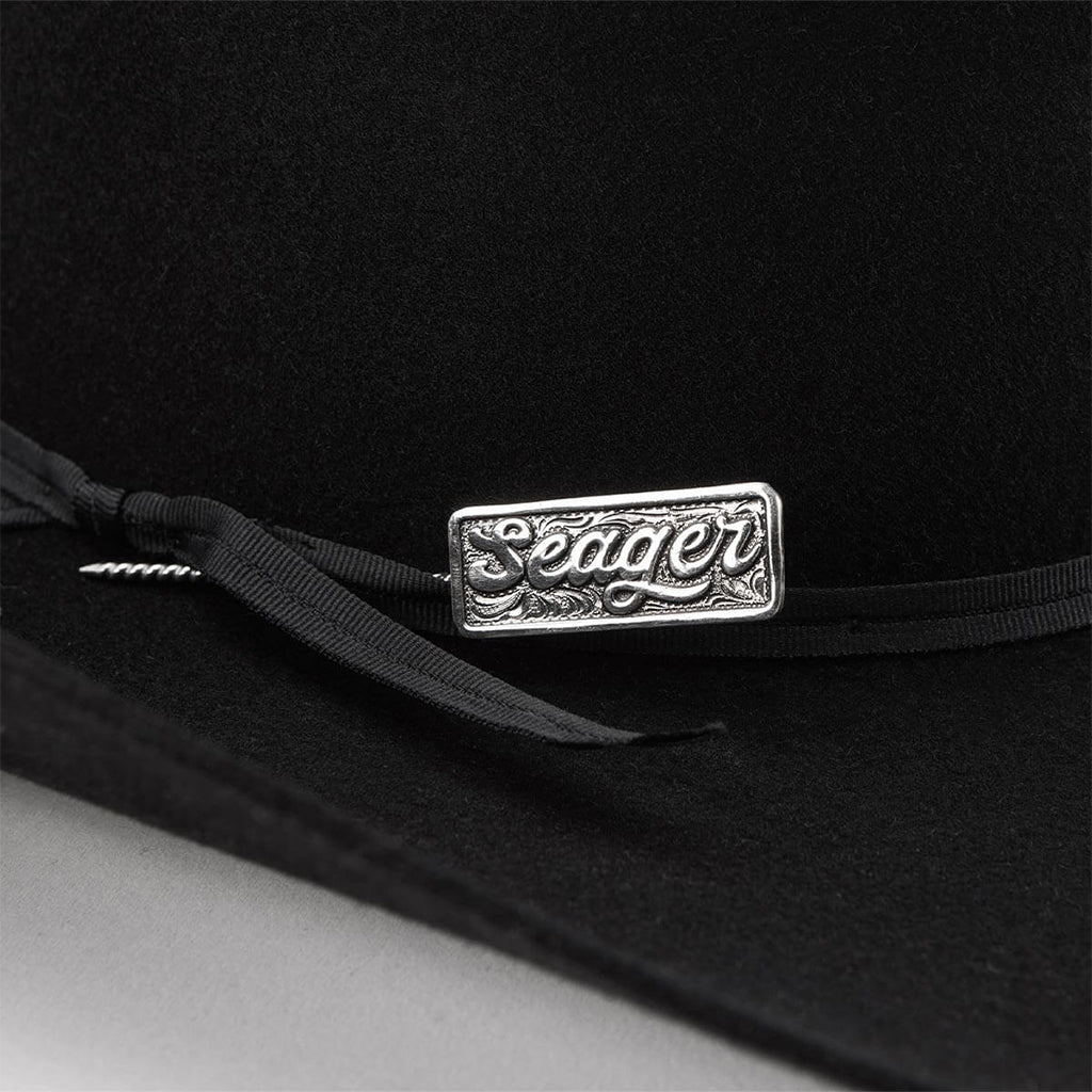 Black hat with a silver 'Seager' logo on a black background
