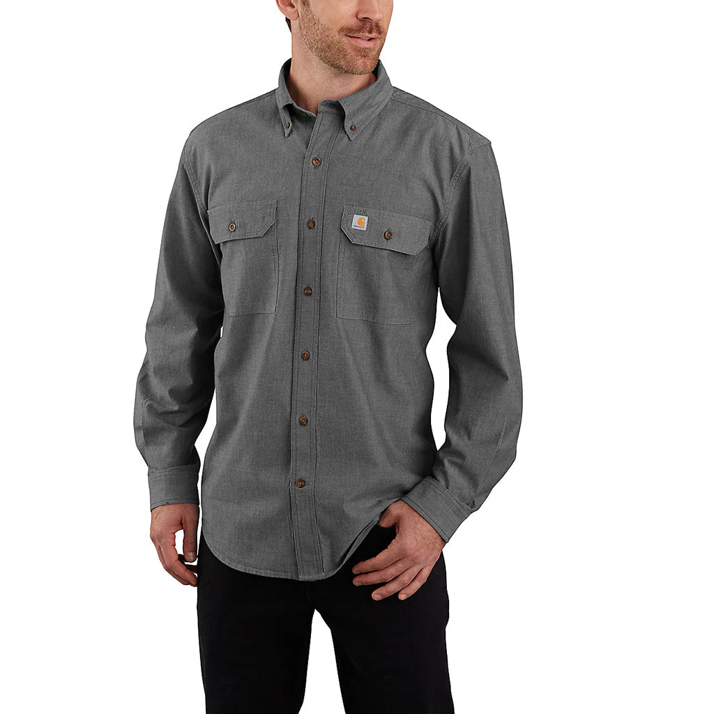 Man wearing a gray button-up shirt on a white background