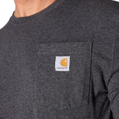 Close-up of a dark gray long-sleeve shirt with Carhartt logo on the chest pocket.