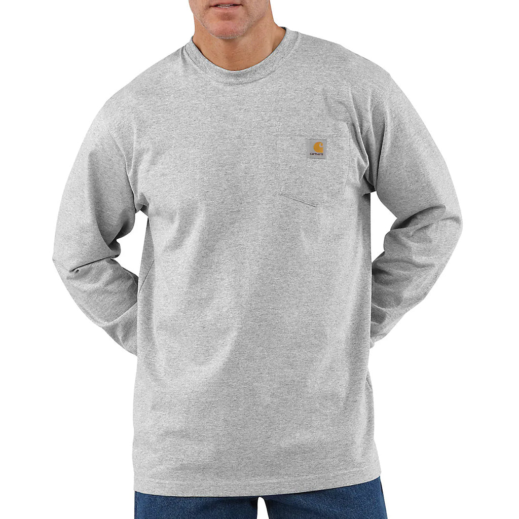 Person wearing a gray long-sleeve shirt with a brand logo on a white background