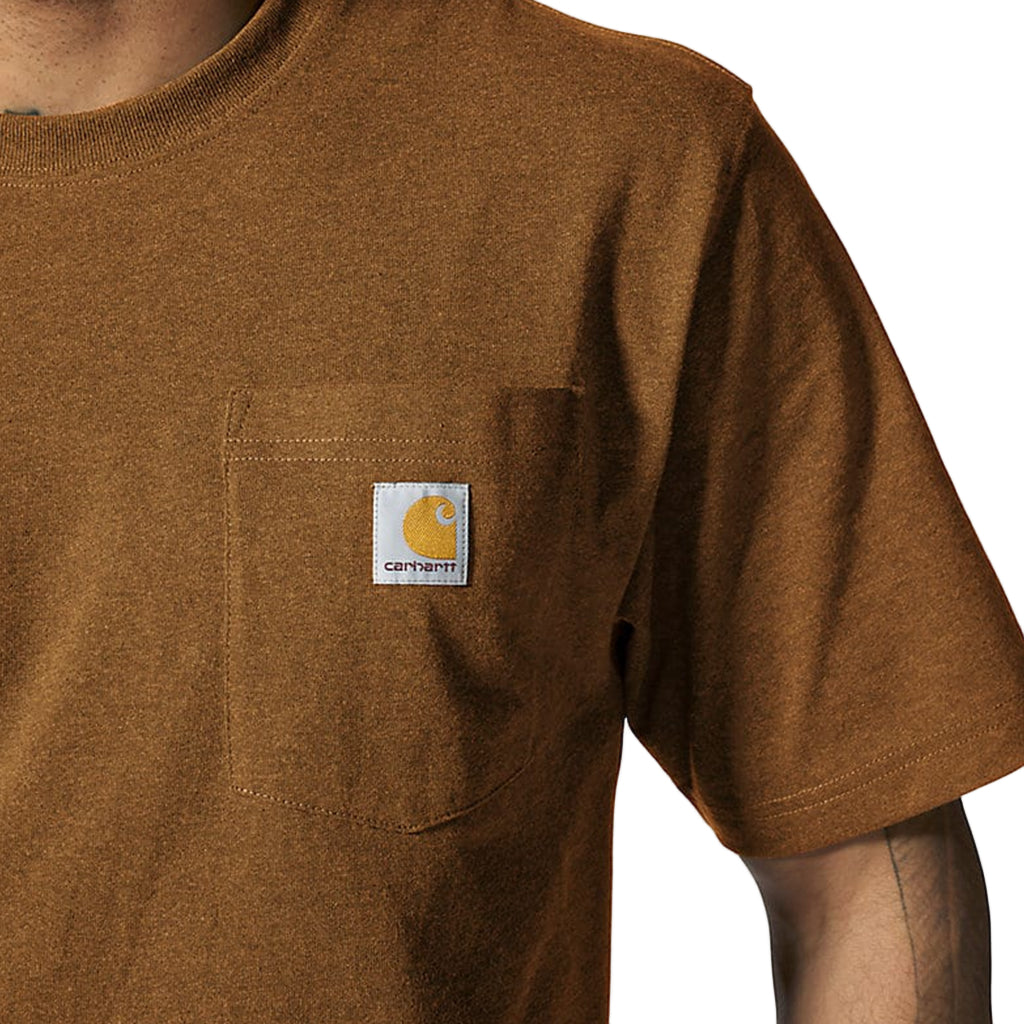 Brown t-shirt with Carhartt logo on a plain background