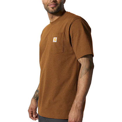 Man wearing a brown t-shirt with a logo on a white background