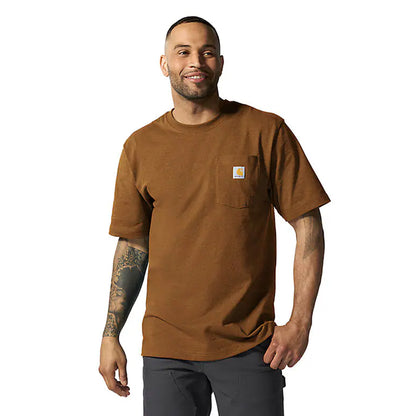 Man wearing a brown t-shirt with a pocket on a white background