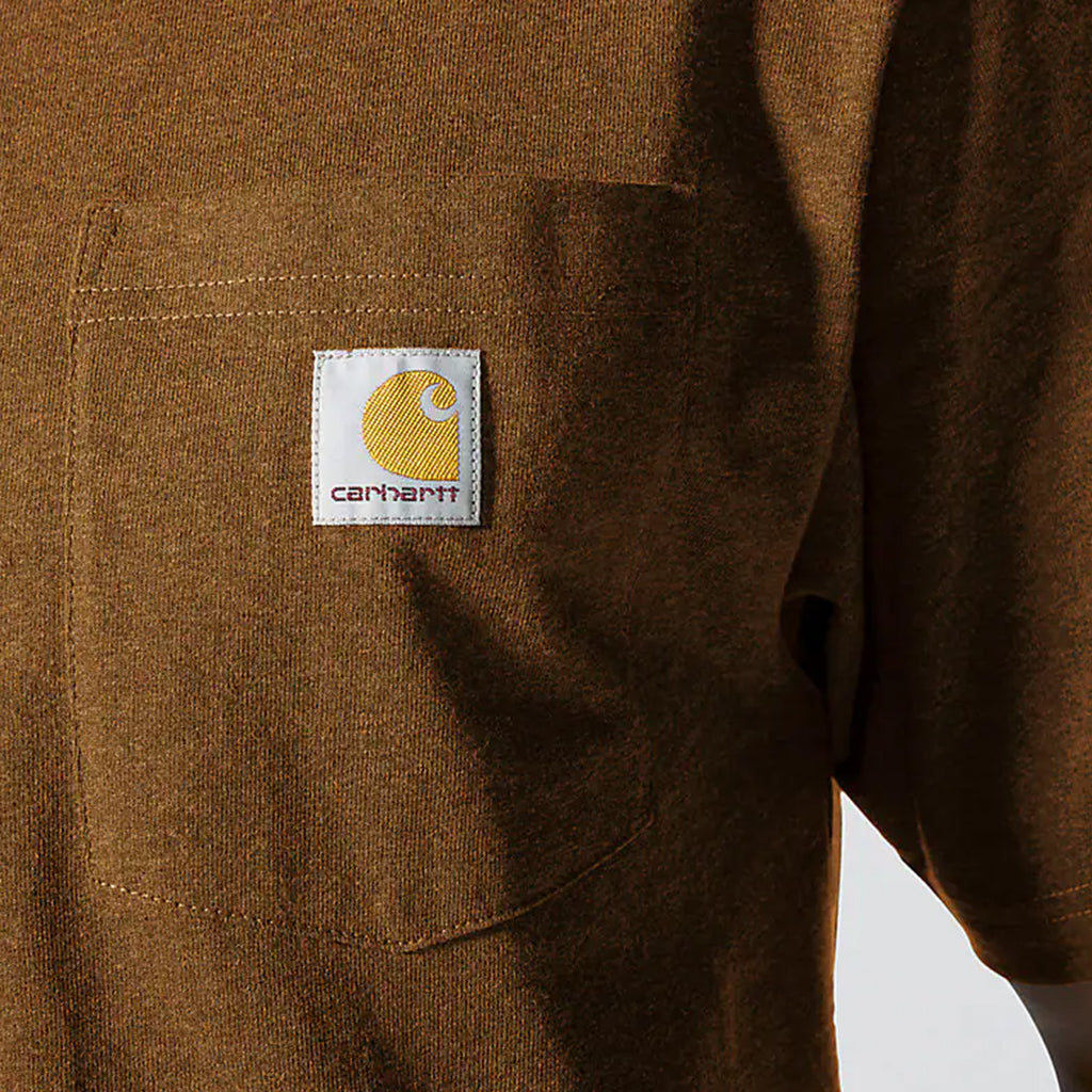 Close-up of a brown jacket with a Carhartt logo on a white background