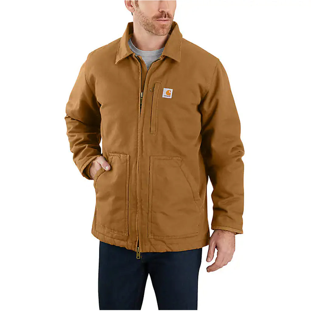 Man wearing a brown Carhartt jacket on a white background