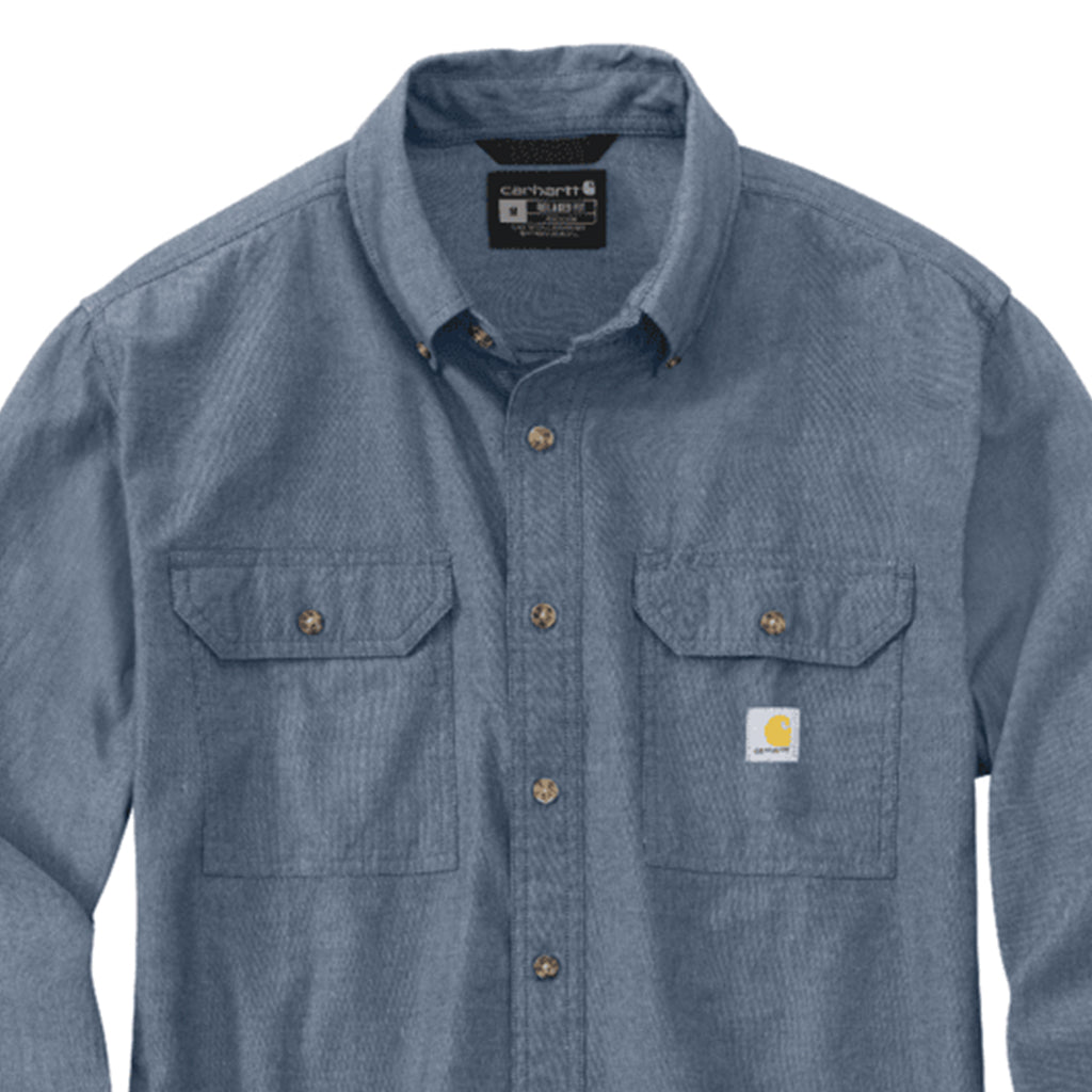 Blue work shirt with Carhartt logo on a white background