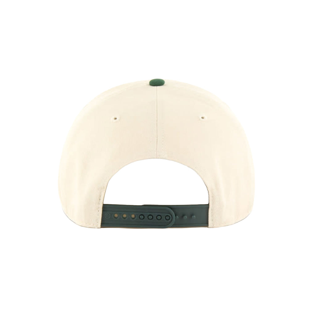 Beige cap with a white front panel and green accents on a white background