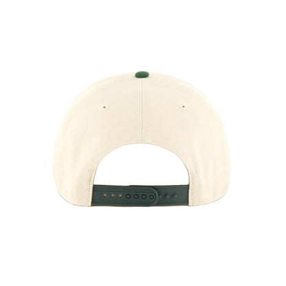 Beige cap with a white front panel and green accents on a white background