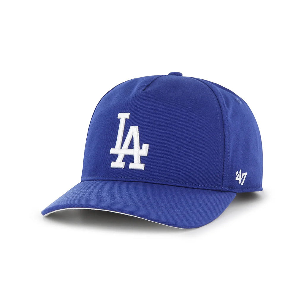 Blue baseball cap with white logo on a white background