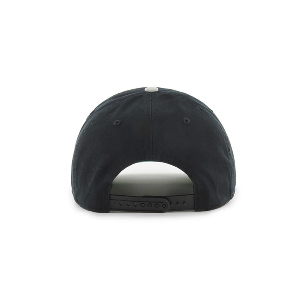 Black baseball cap with a white logo on the back against a white background