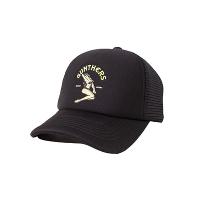 Black cap with embroidered design on a white background