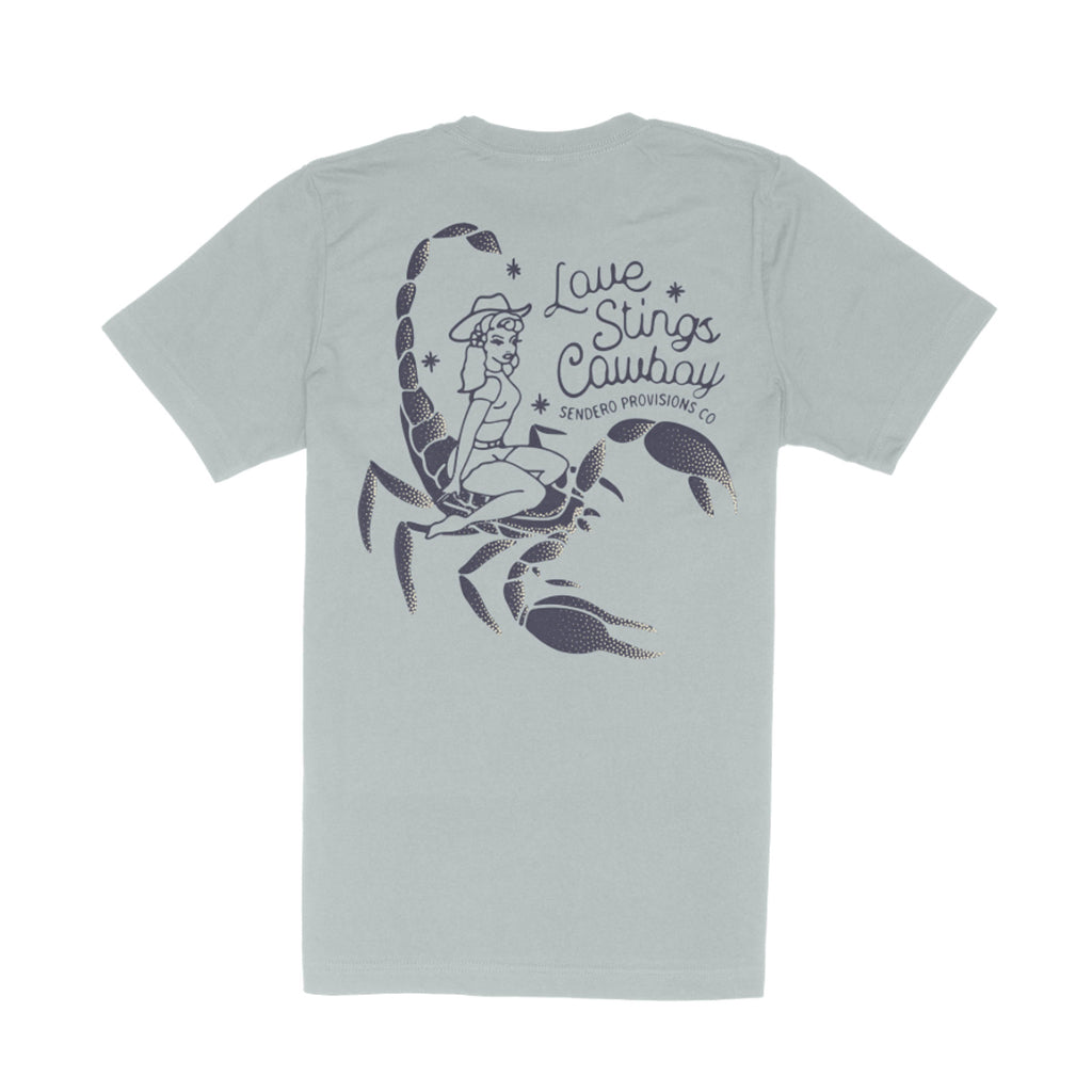 Light blue t-shirt with a scorpion graphic and text on the back, on a white background