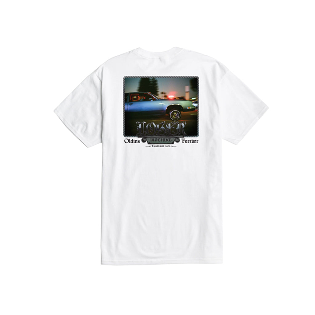 White t-shirt with a graphic of a car and text on a white background