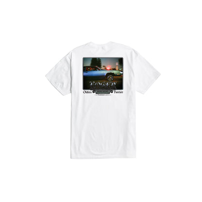 White t-shirt with a graphic of a car and text on the back, displayed on a white background.