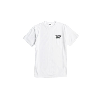 White t-shirt with a small logo on a white background