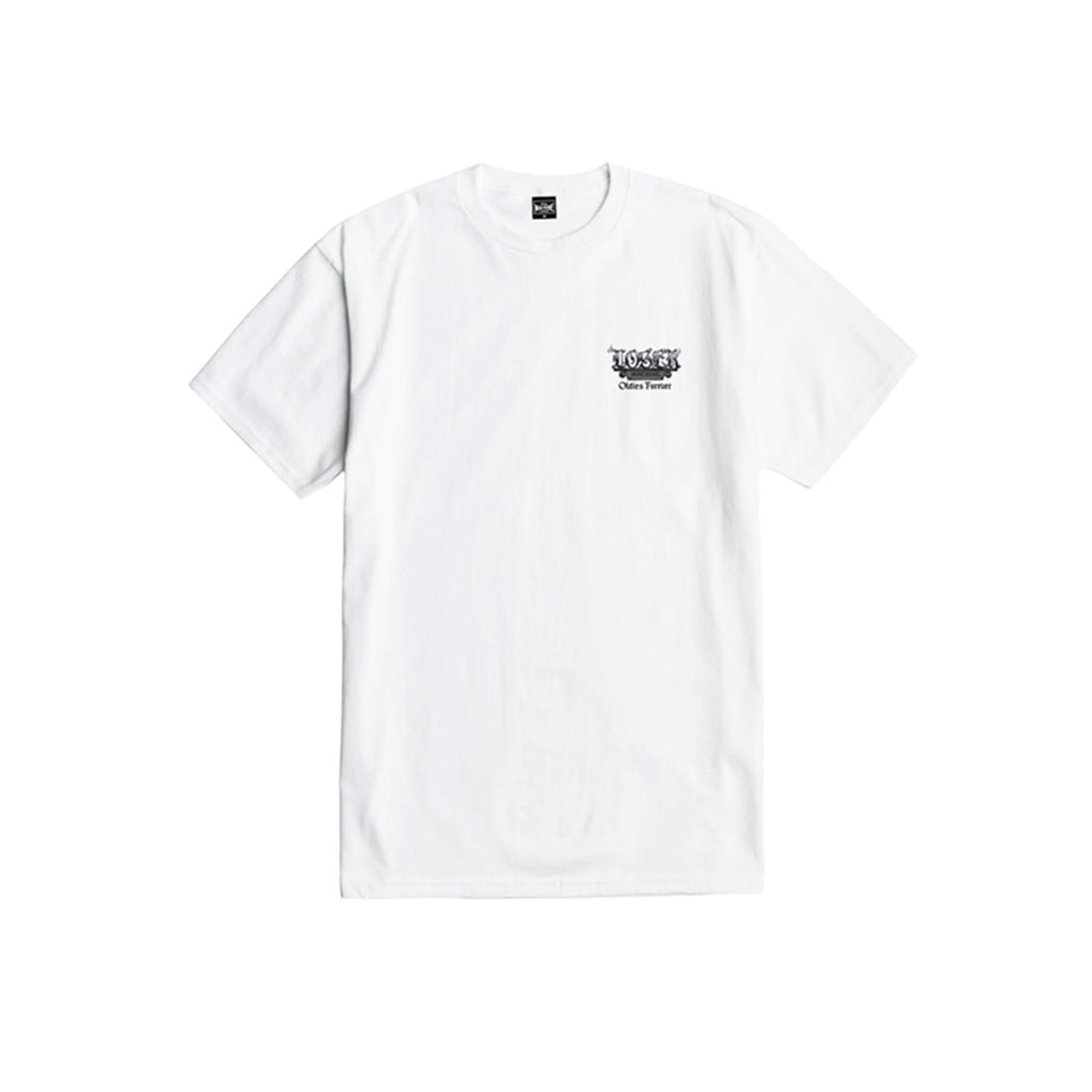 White t-shirt with a small logo on the chest against a white background
