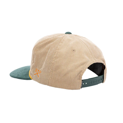 Beige cap with green brim and logo on a white background