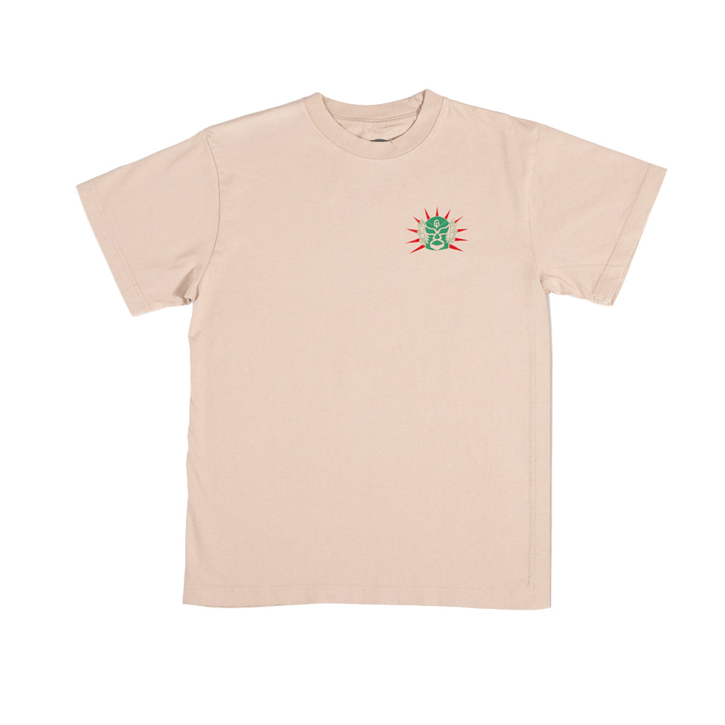 Beige t-shirt with a logo on the chest against a white background