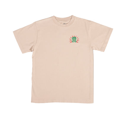 Beige t-shirt with a logo on the chest against a white background
