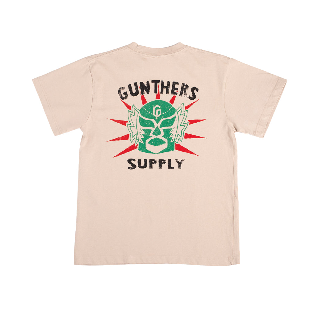 Beige t-shirt with 'Gunthers Supply' logo on a white background