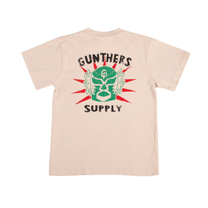 Beige t-shirt with 'Gunthers Supply' logo on a white background