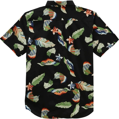 A short-sleeve button-up Hawaiian shirt with a black base and a tropical print of green palm leaves, orange flowers, and blue accents, shown flat against a white background.