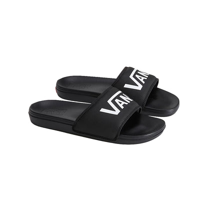 All black slides with Vans in white text on a white background