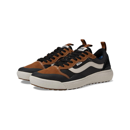 Pair of black and brown sneakers with white soles on a white background